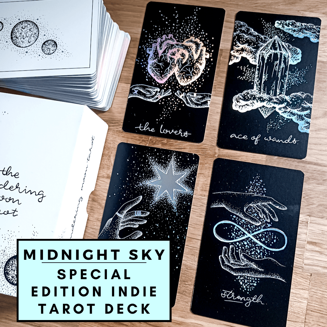 four cards lay diagonal with guidebook and two piece box from Midnight Sky tarot