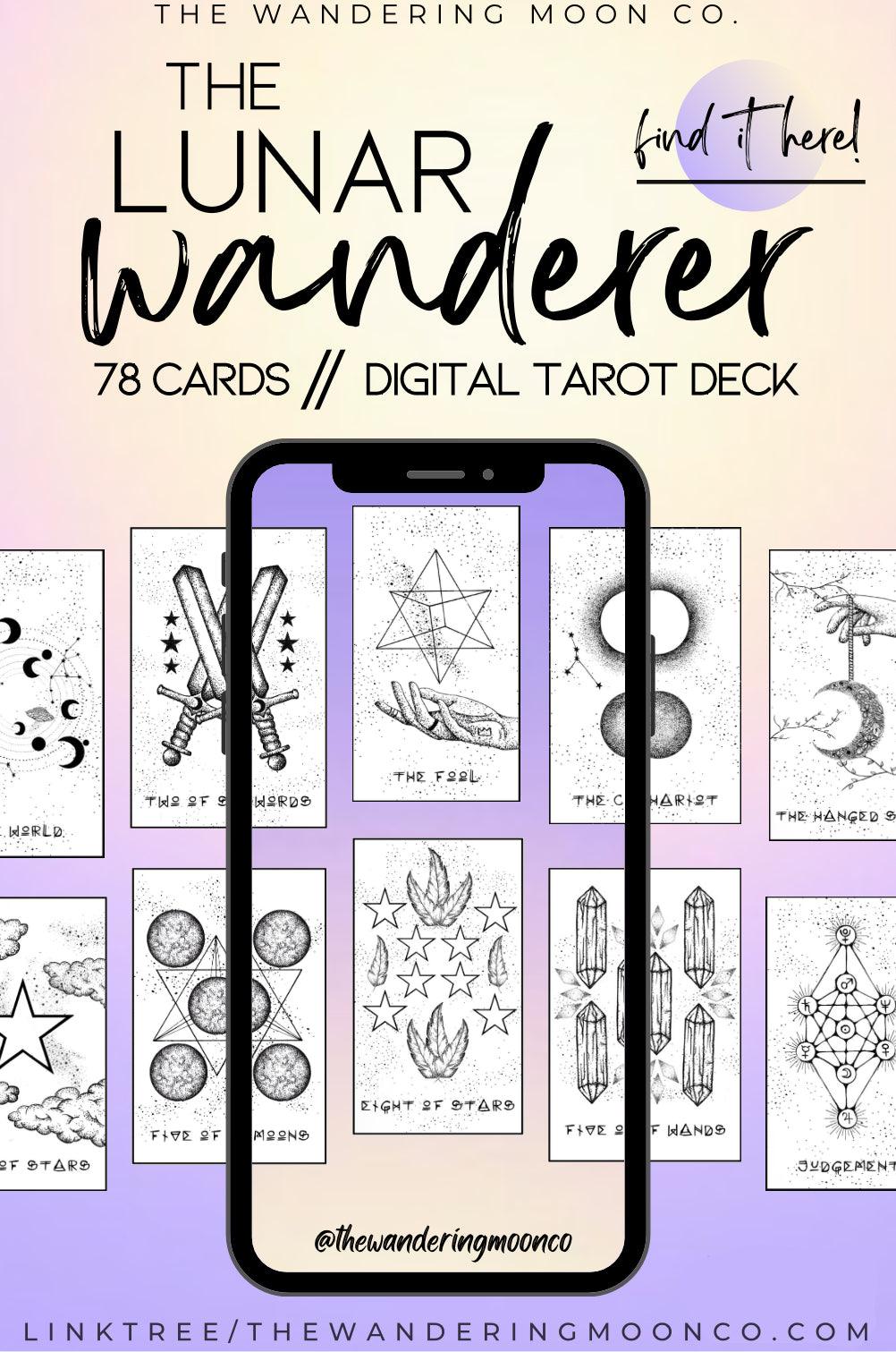 digital tarot deck: the lunar wanderer 78 card hand illustrated printable deck
