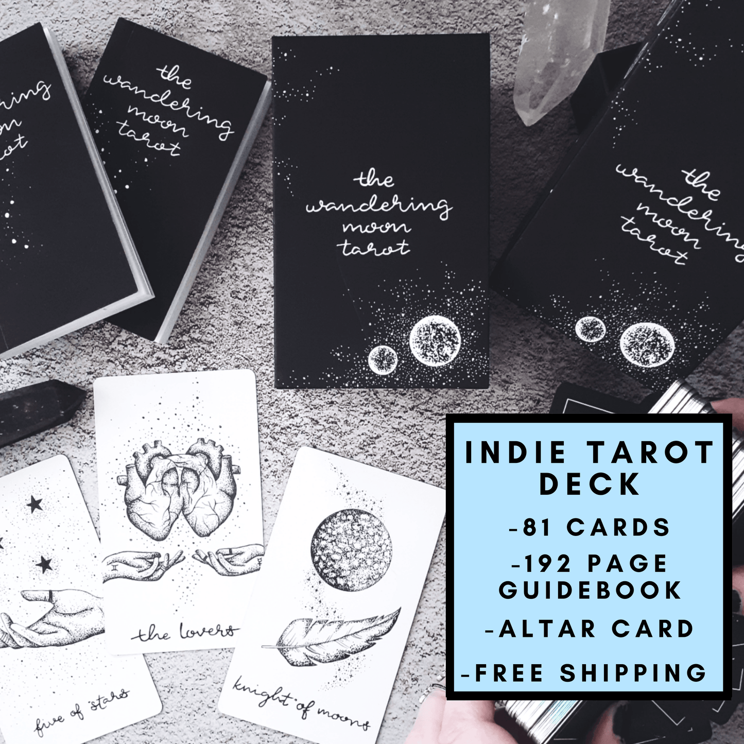 free tarot deck! Wandering Moon Tarot Deck, Celestial Tarot Cards, Crystal Tarot Card Deck, Indie Tarot Deck, Beginner Tarot Deck, Tarot Deck with Guide