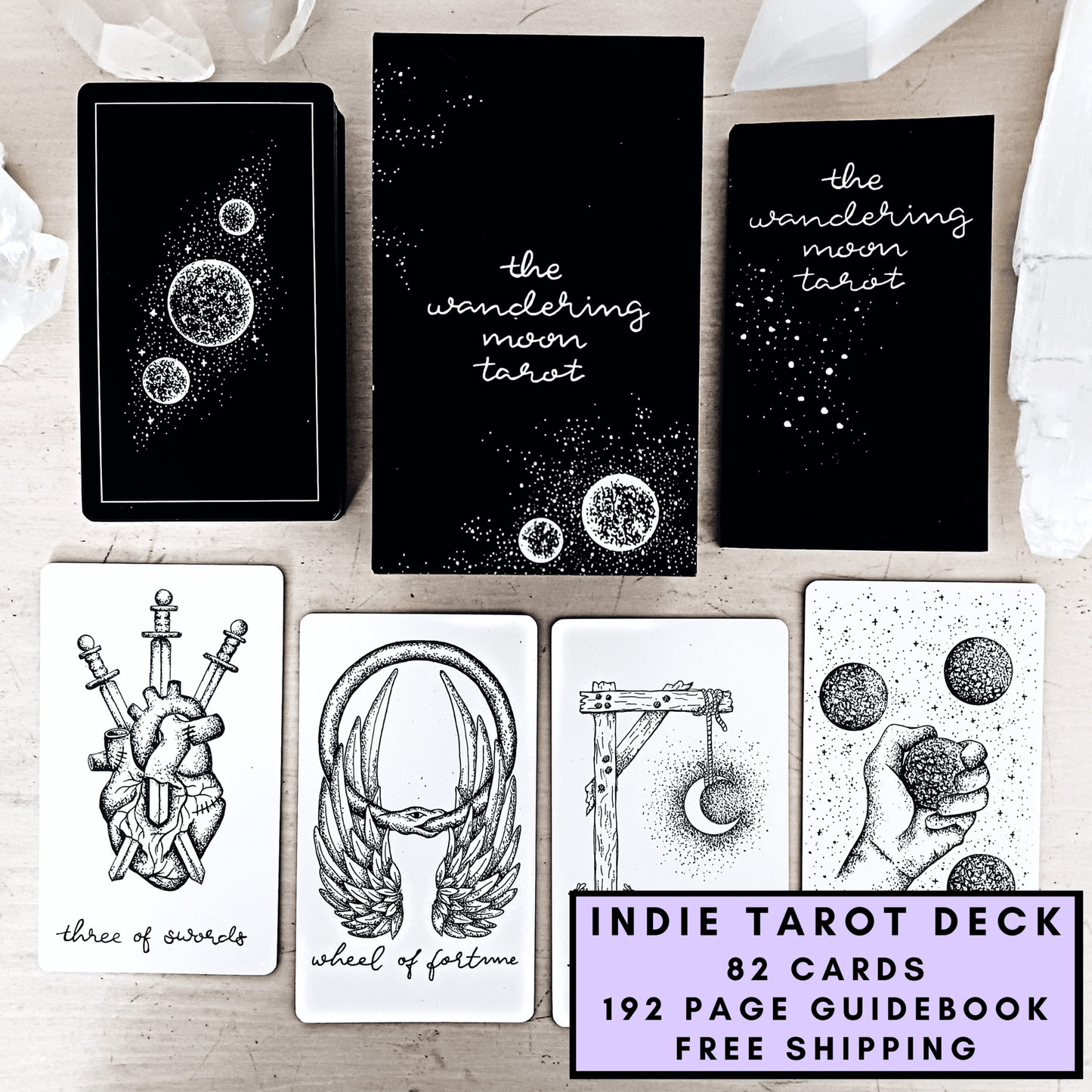free tarot deck! Wandering Moon Tarot Deck, Celestial Tarot Cards, Crystal Tarot Card Deck, Indie Tarot Deck, Beginner Tarot Deck, Tarot Deck with Guide