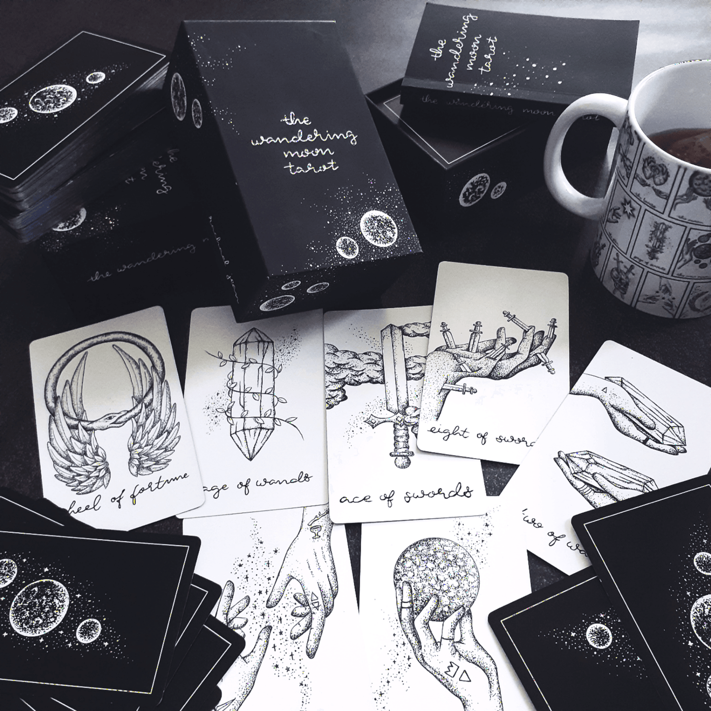 free tarot deck! Wandering Moon Tarot Deck, Celestial Tarot Cards, Crystal Tarot Card Deck, Indie Tarot Deck, Beginner Tarot Deck, Tarot Deck with Guide