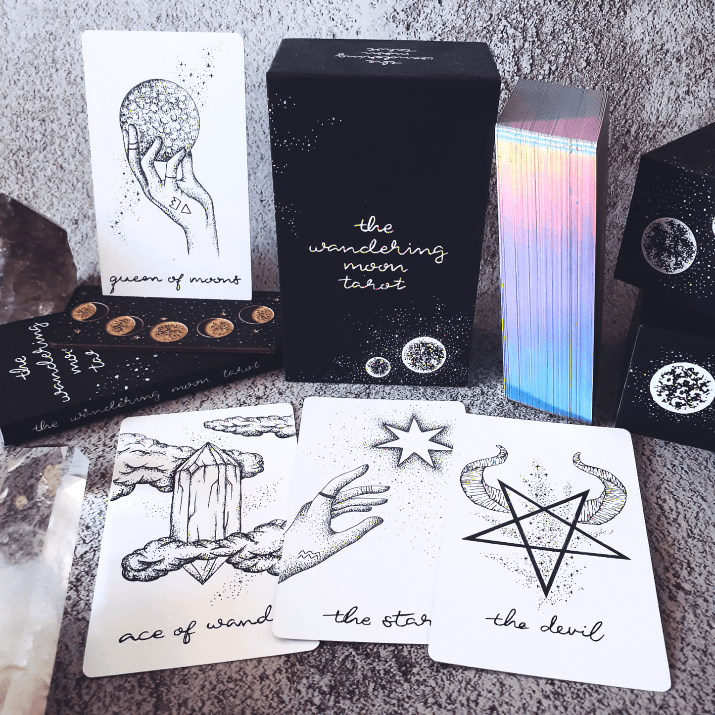 free tarot deck! Wandering Moon Tarot Deck, Celestial Tarot Cards, Crystal Tarot Card Deck, Indie Tarot Deck, Beginner Tarot Deck, Tarot Deck with Guide