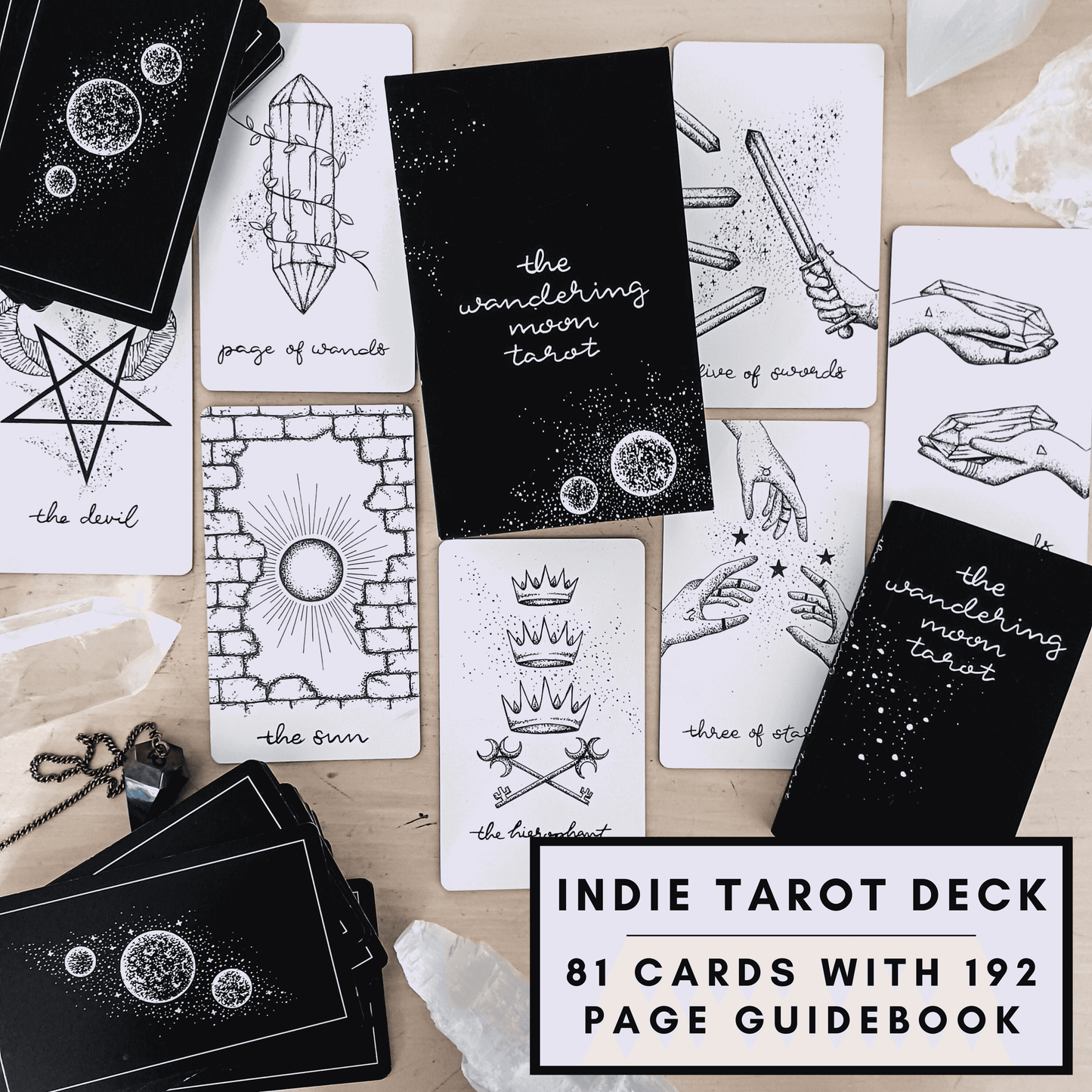 free tarot deck! Wandering Moon Tarot Deck, Celestial Tarot Cards, Crystal Tarot Card Deck, Indie Tarot Deck, Beginner Tarot Deck, Tarot Deck with Guide