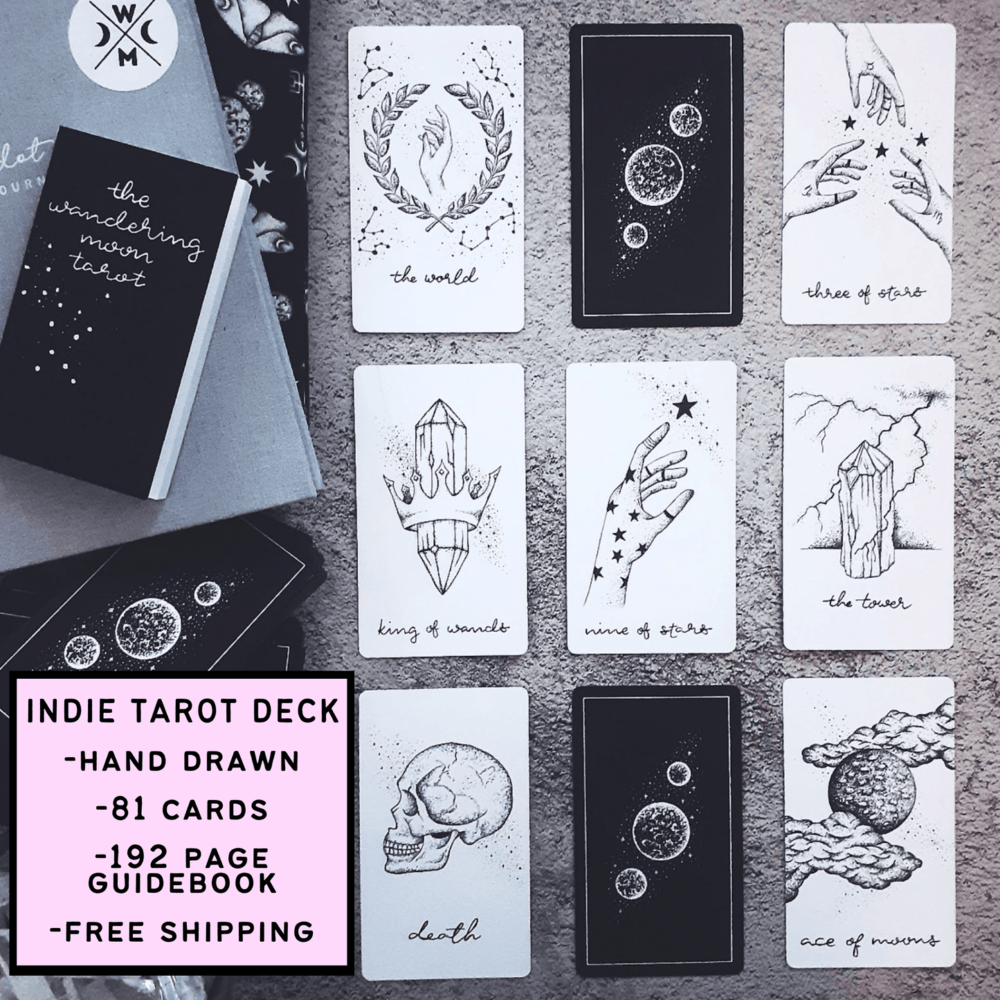 free tarot deck! Wandering Moon Tarot Deck, Celestial Tarot Cards, Crystal Tarot Card Deck, Indie Tarot Deck, Beginner Tarot Deck, Tarot Deck with Guide