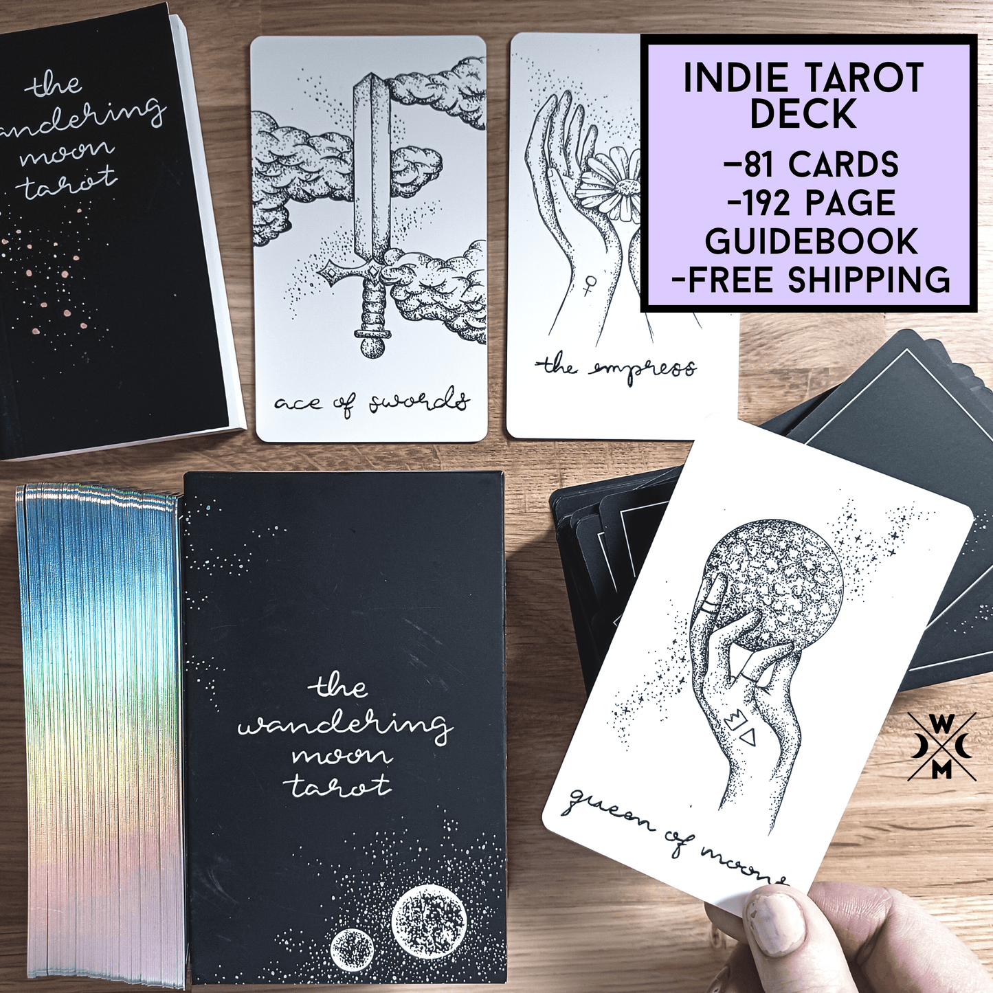 free tarot deck! Wandering Moon Tarot Deck, Celestial Tarot Cards, Crystal Tarot Card Deck, Indie Tarot Deck, Beginner Tarot Deck, Tarot Deck with Guide
