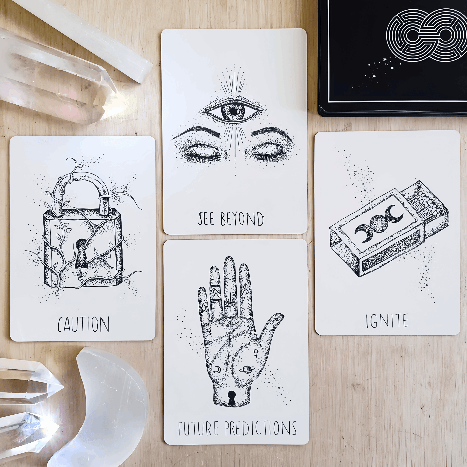 four cards from wandering soul oracle in divination spread lay out