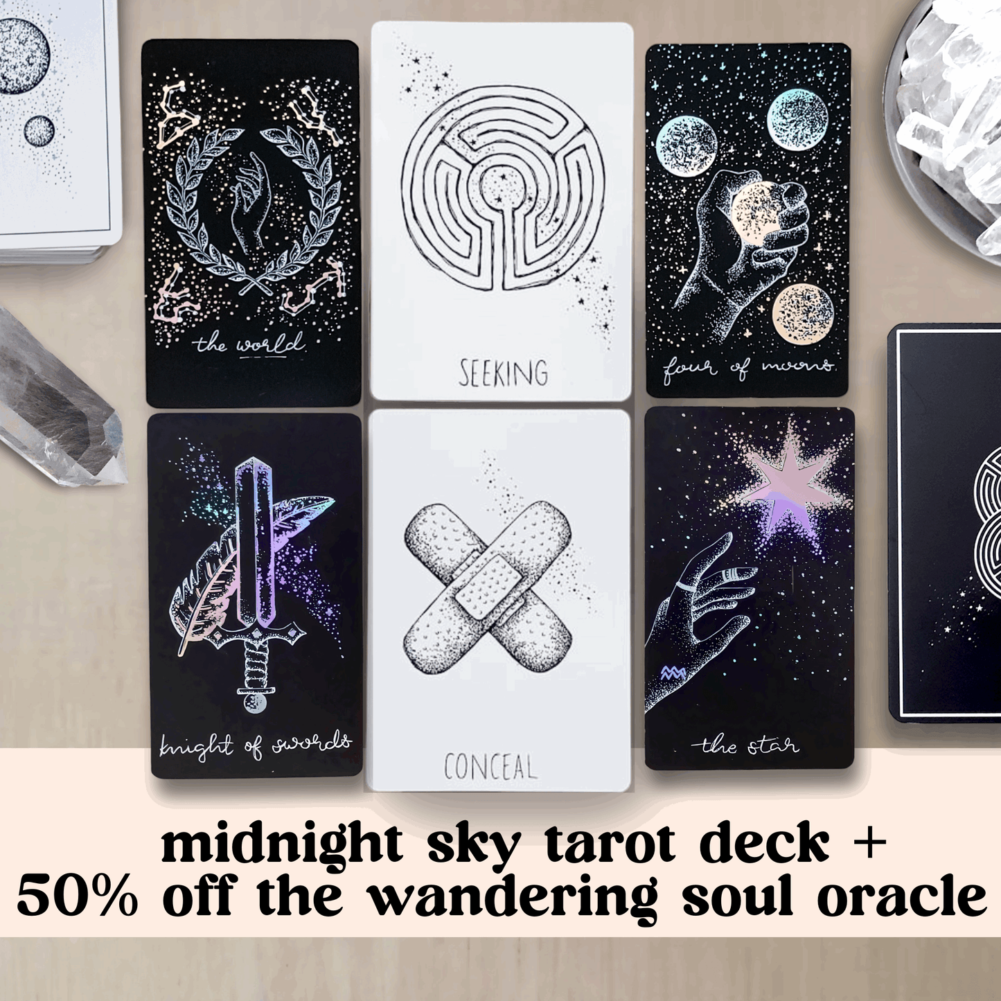 cards from midnight sky and wandering soul oracle in a flaylay