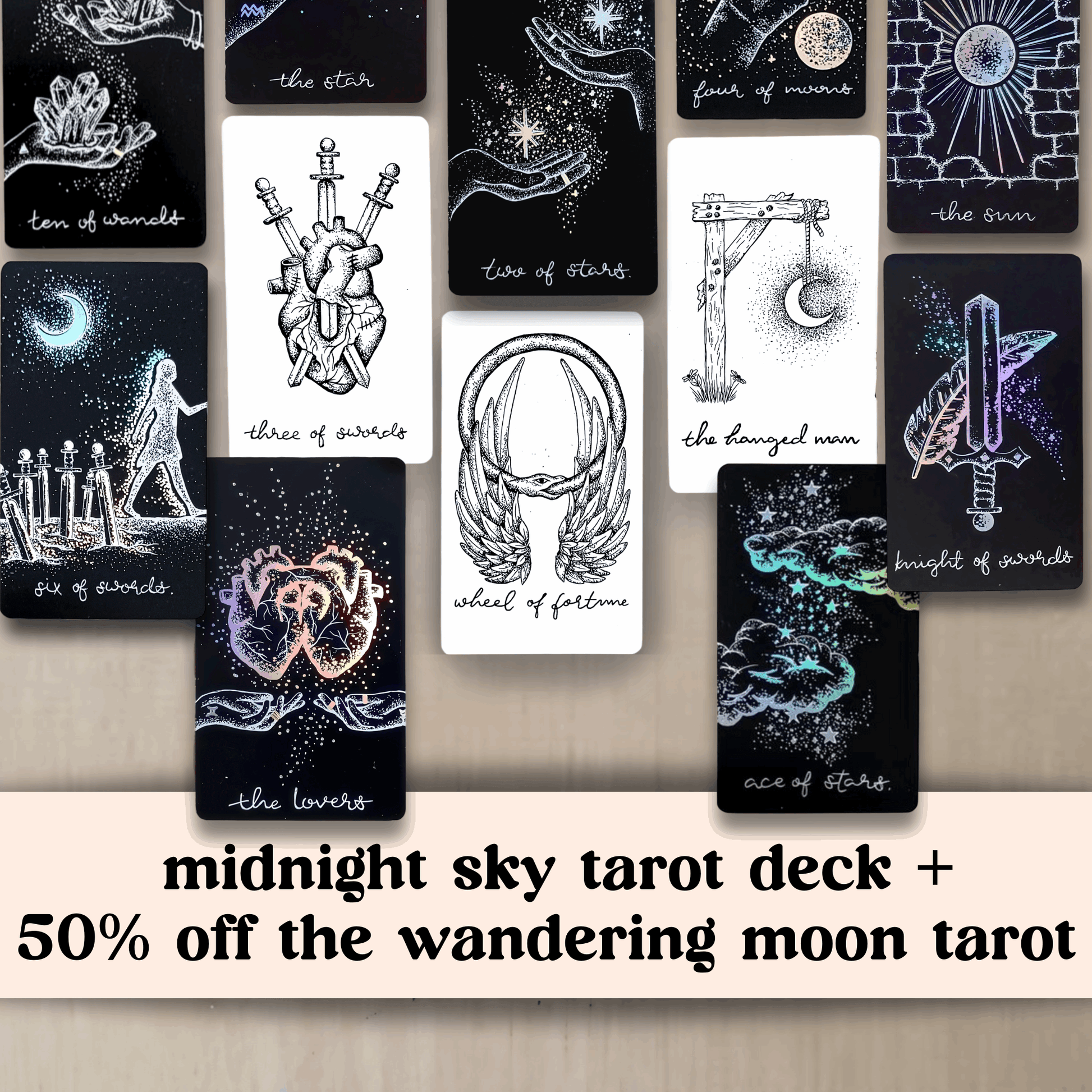 cards from midnight sky and wandering moon tarot in a flatlay