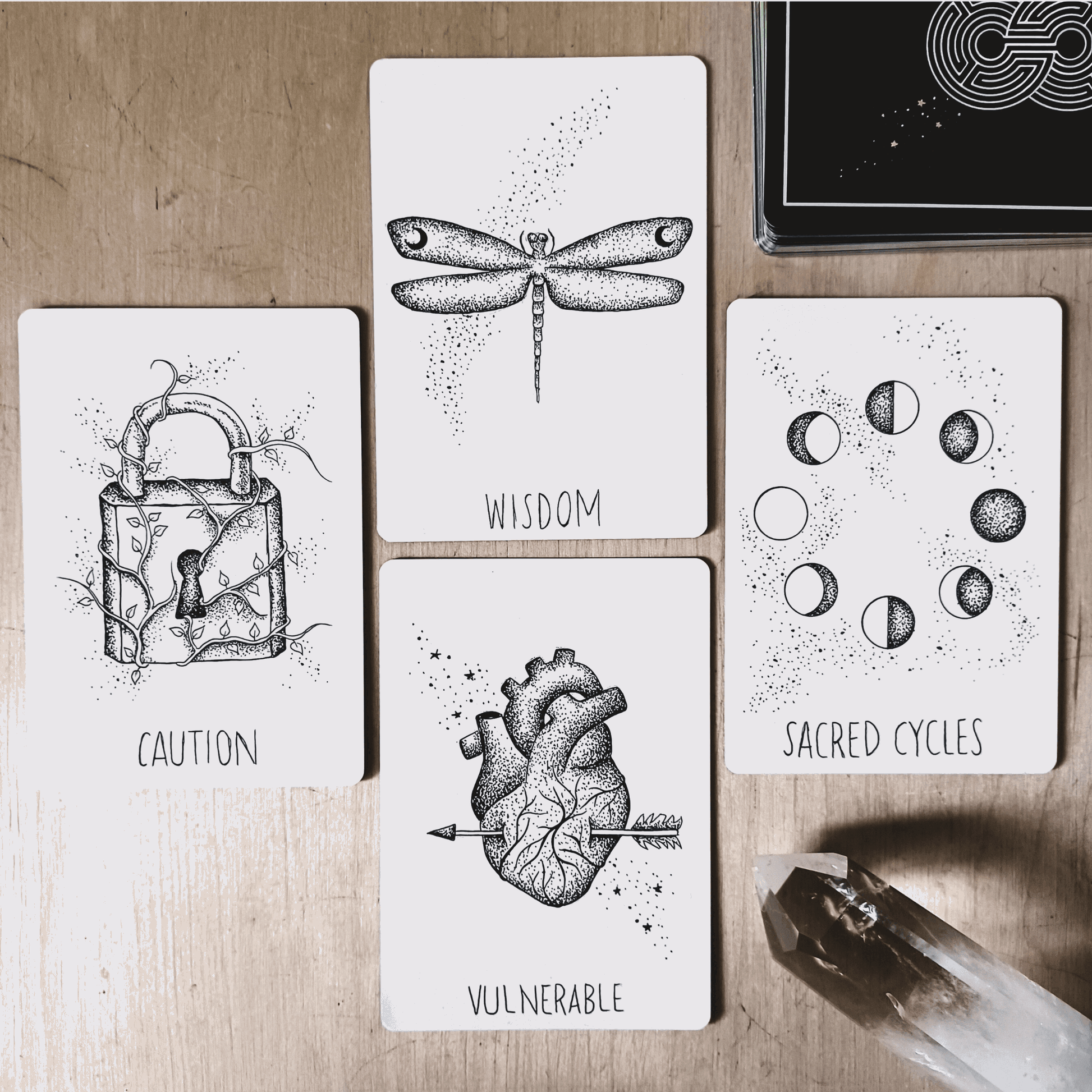 four cards from wandering soul oracle in divination spread lay out