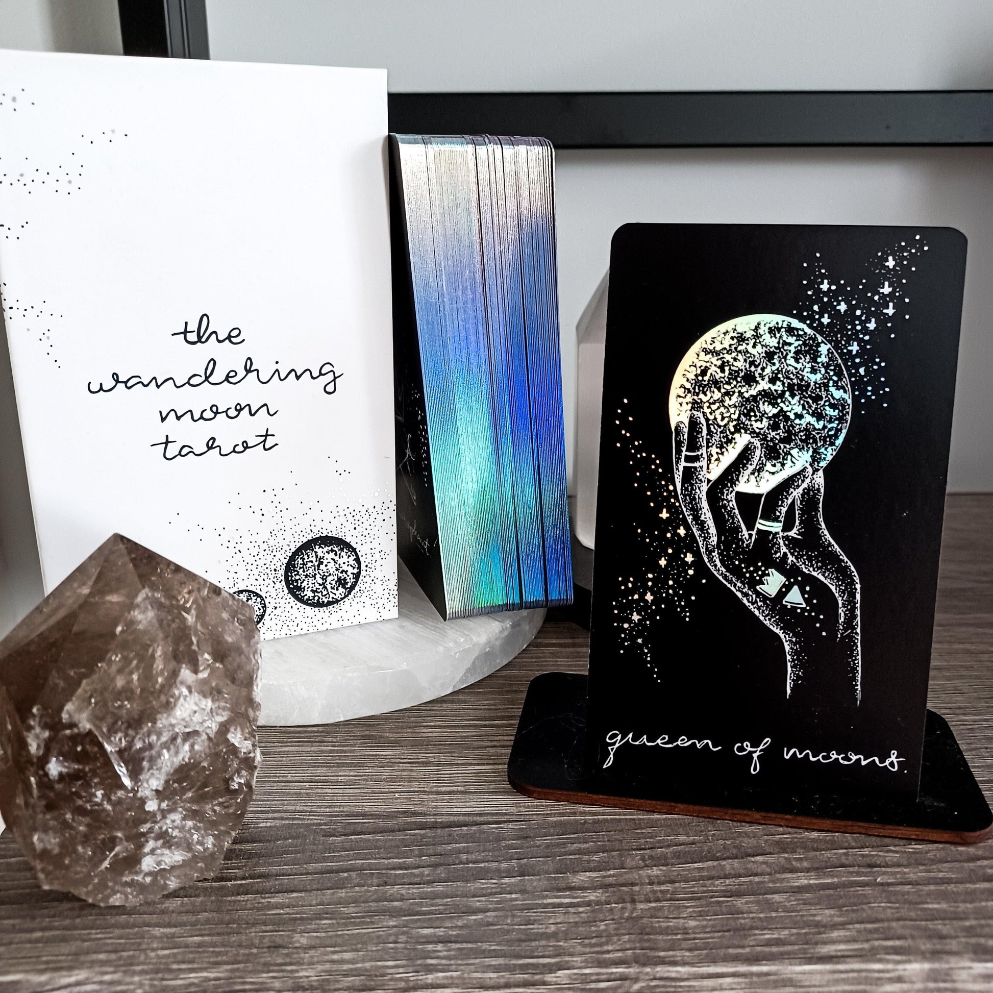 two piece box, deck, keyword guidebook and card from indie tarot deck