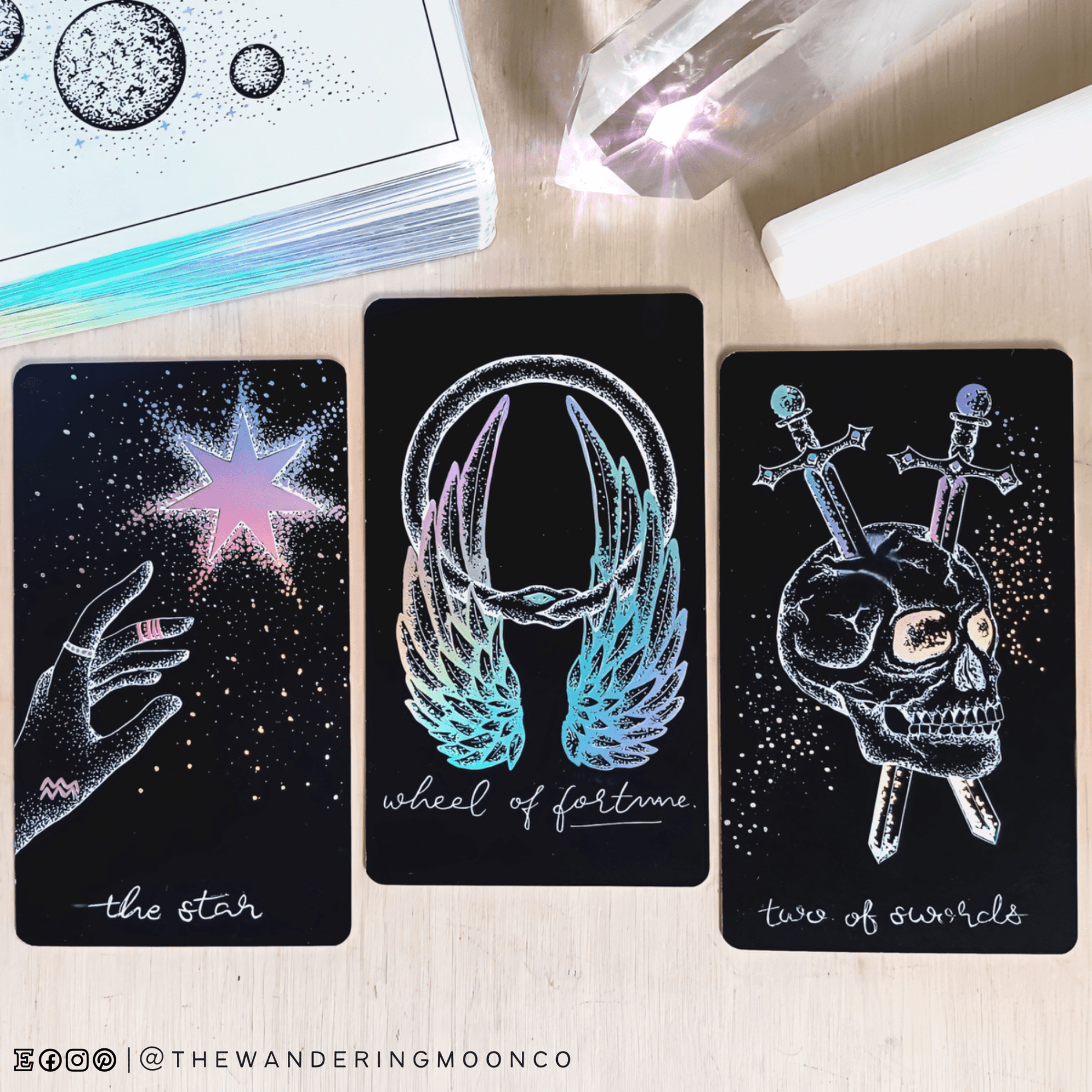 black & white holographic indie tarot cards from  Midnight Sky tarot deck