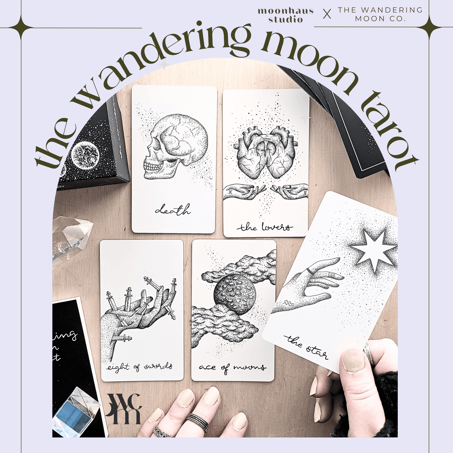 wandering moon tarot deck| holographic, hand illustrated tarot cards | indie tarot deck with guidebook | beginner tarot deck - The Wandering Moon Co.