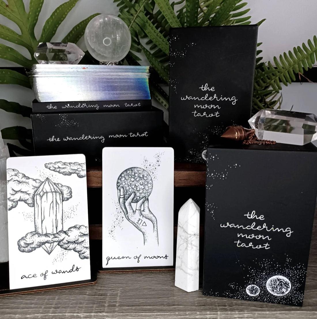 wandering moon tarot deck| holographic, hand illustrated tarot cards | indie tarot deck with guidebook | beginner tarot deck - The Wandering Moon Co.