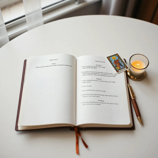 Open divination journal workbook on a wooden desk with tarot deck, candle, and pen
