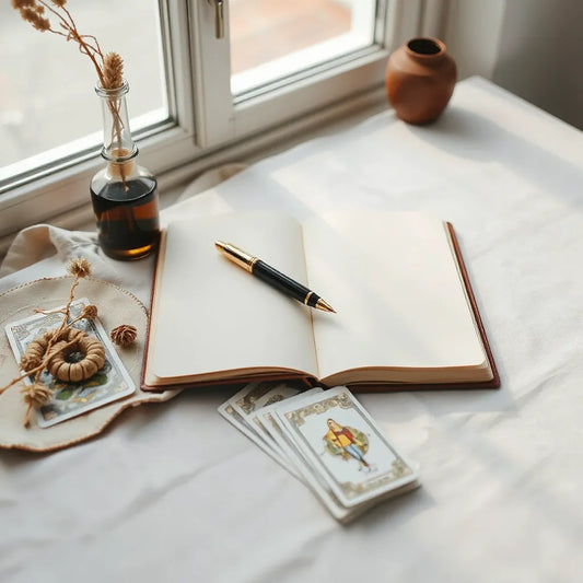 Open tarot journal with a pen and a small deck of tarot cards on a softly lit table