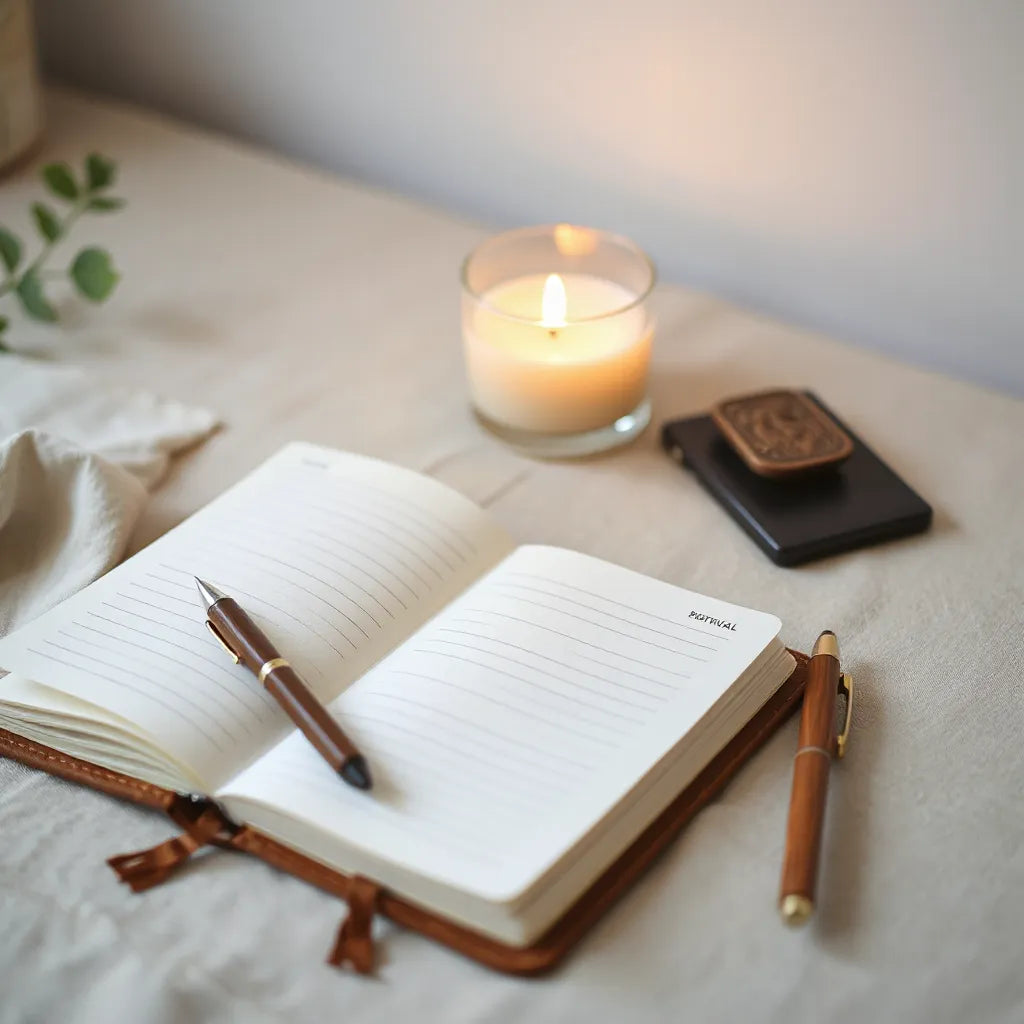Open leather journal with a pen on a calm desk beside a softly lit candle