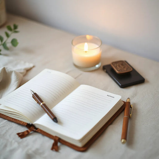 Open leather journal with a pen on a calm desk beside a softly lit candle