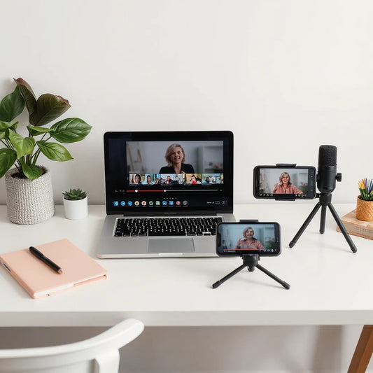 Minimal desk setup with laptop and phone showing a generic video timeline for affiliate promotions