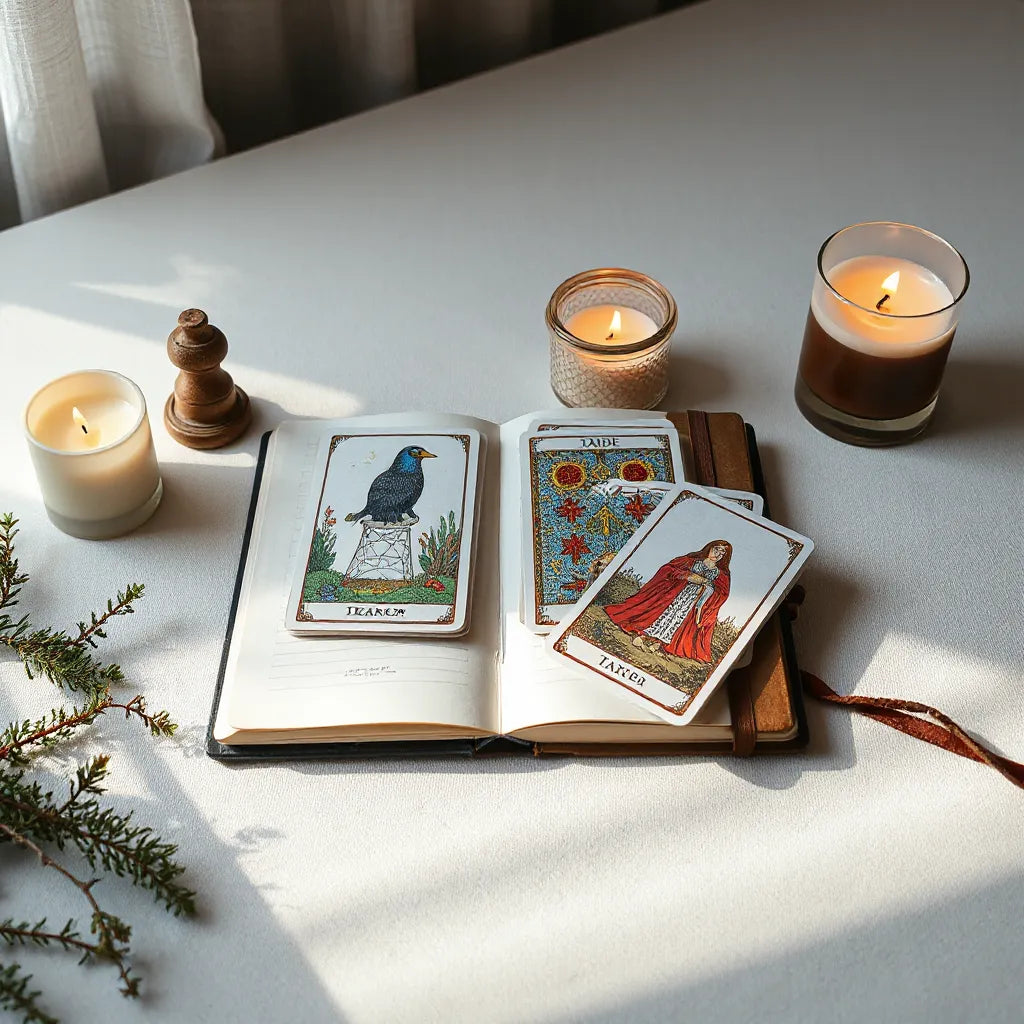 Indie tarot cards fanned on a wooden table with a journal and candlelight nearby