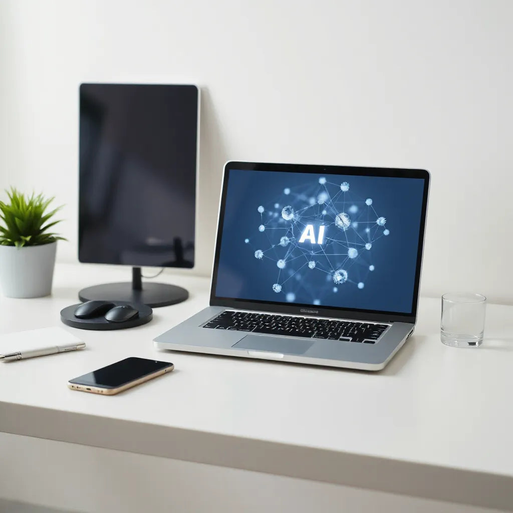 Minimal desk with laptop and smartphone displaying an abstract AI network visualization