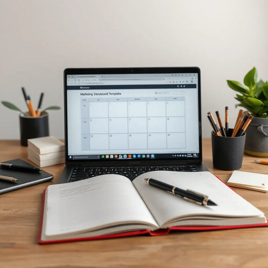 Open notebook with a blank marketing storyboard template beside a laptop and pen in a modern workspace