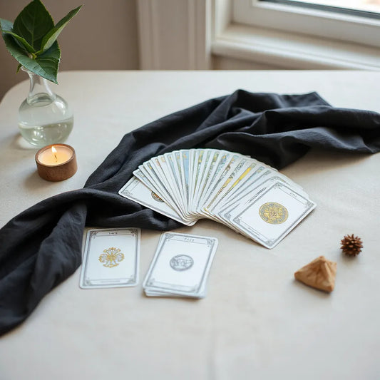 Neatly fanned tarot cards on a dark tabletop with a few cards face-up beside the deck