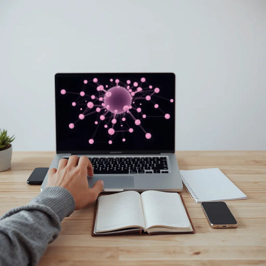 Person using a laptop with an abstract AI network diagram overlay in a clean workspace