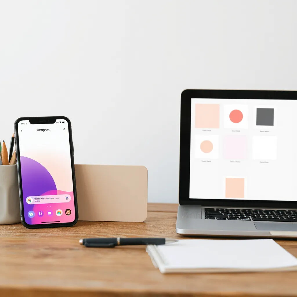 A mobile and laptop show clean Instagram post templates in an organized workspace