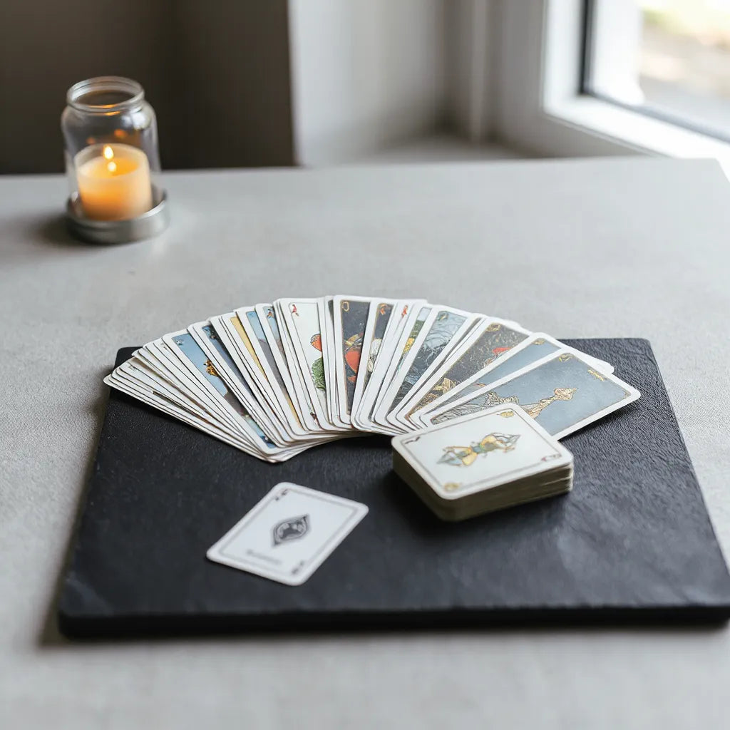 Tarot deck with several face-up cards on a dark tabletop under soft natural light