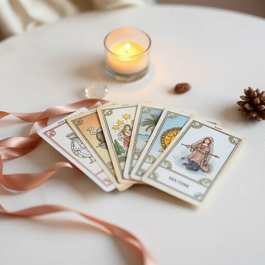 Illustrated tarot cards fanned on a warm table with a candle, ribbon, and crystal nearby