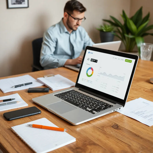 Small business owner using a laptop with a generic AI dashboard in a modern office