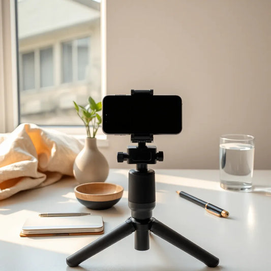 Smartphone on a tripod capturing a warm, minimalist desk scene with soft window light