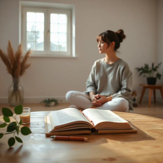 Person meditating by a window with a journal and candle on a wooden table