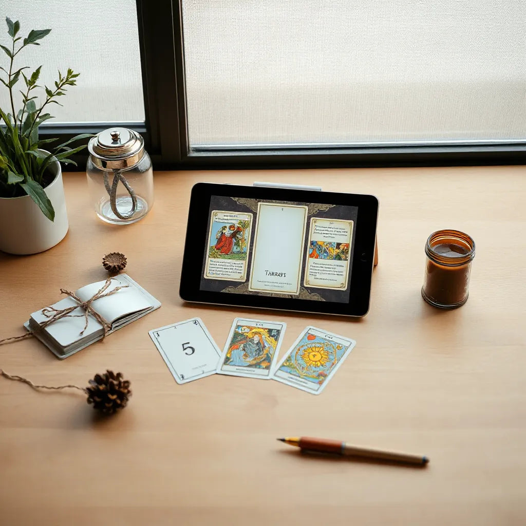 Tablet showing tarot cards with a small laid-out spread on a tidy desk