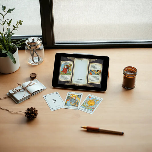 Tablet showing tarot cards with a small laid-out spread on a tidy desk