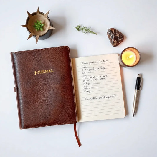 A calm desk setup with an open journal page, pen, candle, and small plant for intuitive reflection