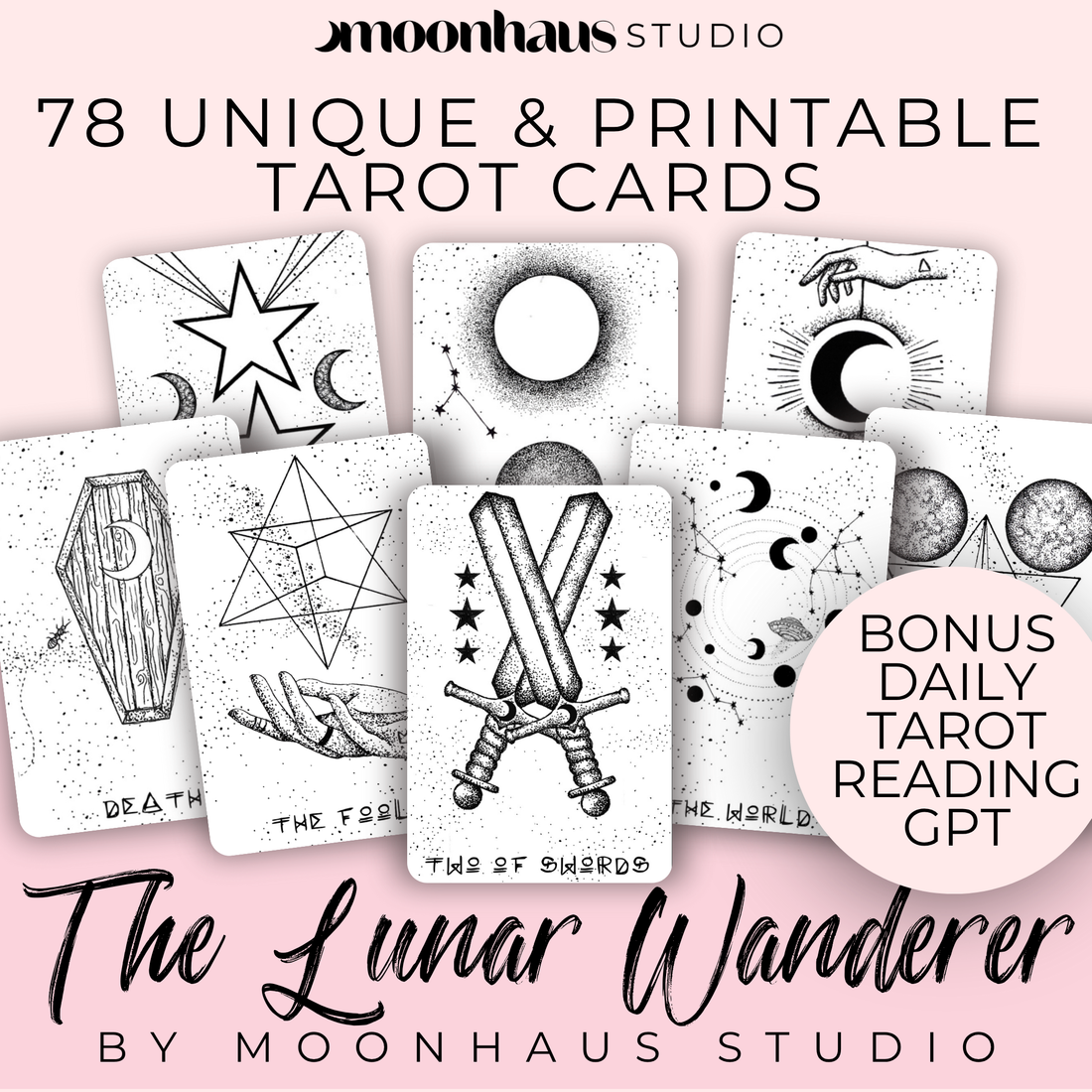 Printable Tarot Cards in Black and White PDF: The Lunar Wanderer Digital Deck