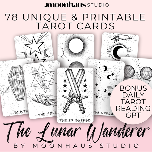 Printable Tarot Cards in Black and White PDF: The Lunar Wanderer Digital Deck