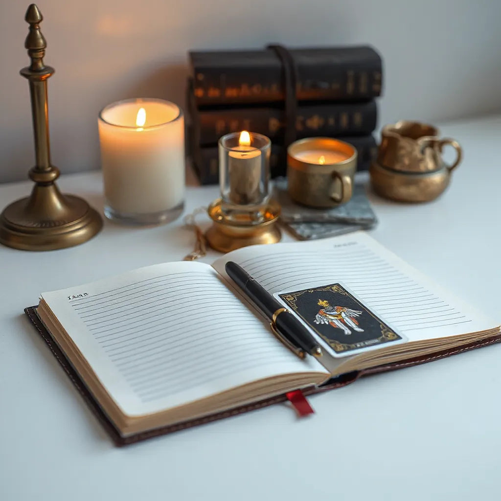 Open tarot journal on a desk with a pen, tarot cards, and a softly lit candle nearby