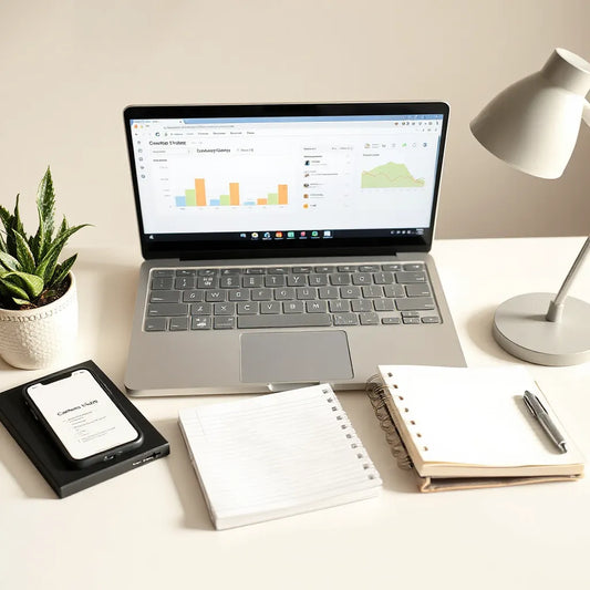 Minimal desk with laptop and planning notes for a digital content creator