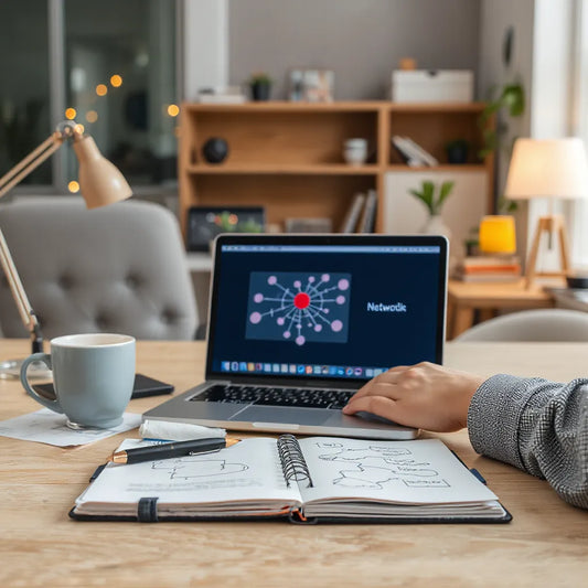 Person studying AI concepts on a laptop with a network diagram and notes in a modern workspace