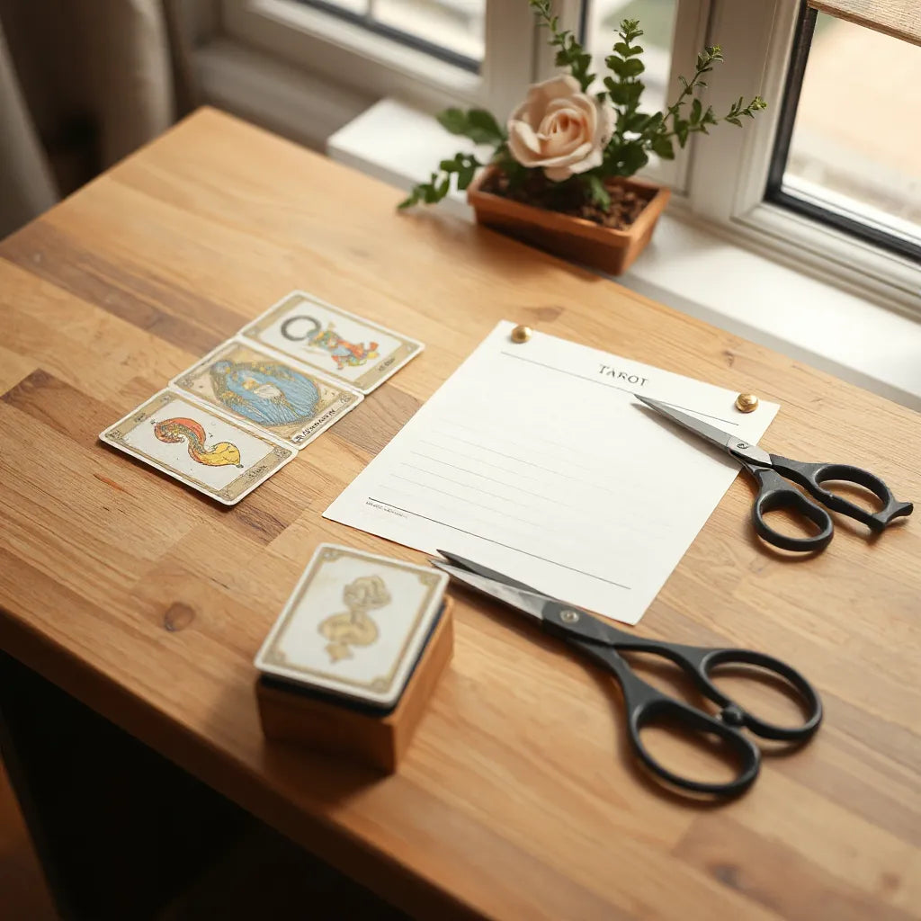 Tarot cards neatly laid out beside scissors and printable layout paper on a clean desk