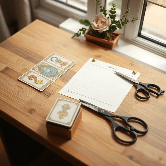 Tarot cards neatly laid out beside scissors and printable layout paper on a clean desk