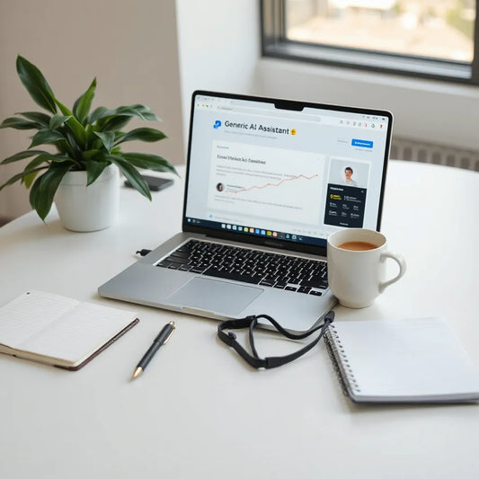 Minimal desk setup with a laptop showing an AI assistant interface, checklist notebook, and smartphone
