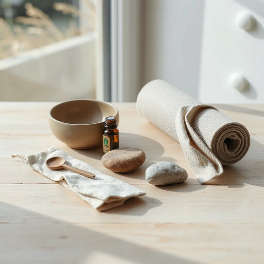 Minimal wellness setup with yoga mat, stones, essential oil bottle, and incense holder in soft daylight