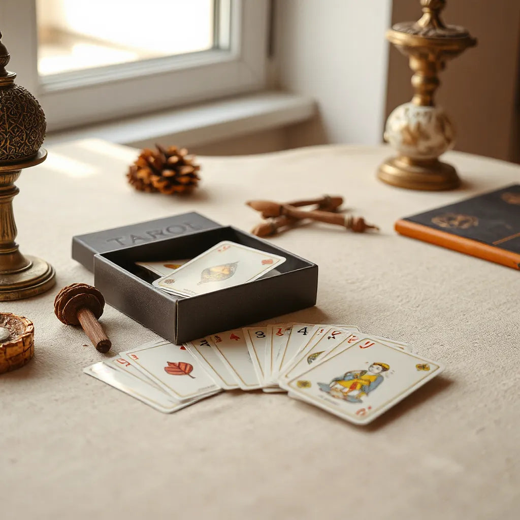 Tarot deck box with neatly fanned cards on a clean tabletop under soft natural light