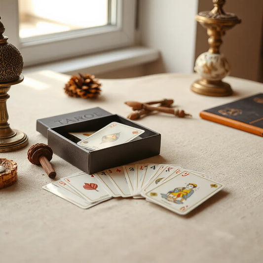 Tarot deck box with neatly fanned cards on a clean tabletop under soft natural light