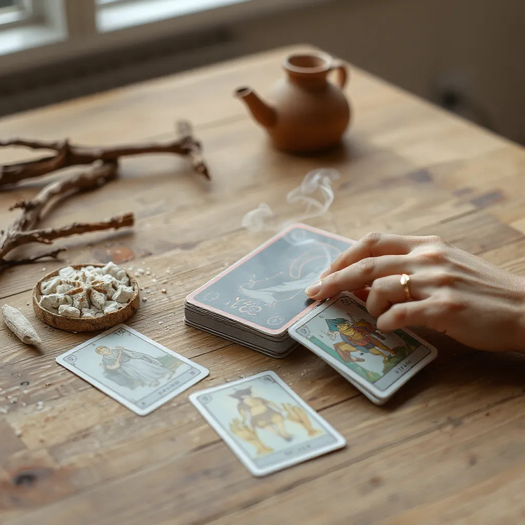 Tarot deck on a wooden table with gentle card shuffling and subtle cleansing smoke nearby