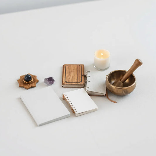 Neatly arranged crystals, candle, journal, and incense on a calm tabletop for daily spiritual practice.