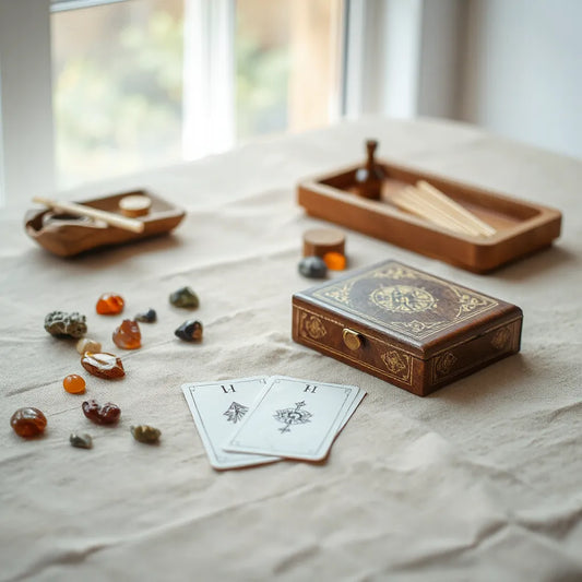 Indie tarot deck and tarot cards on linen with soft natural window light